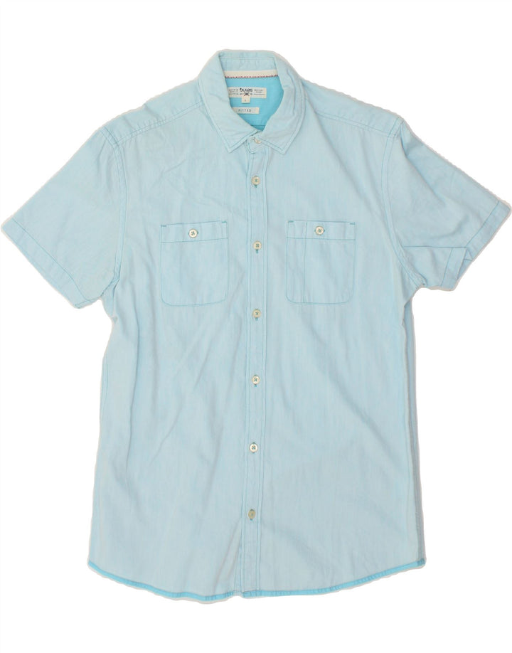 JULES Mens Fitted Short Sleeve Shirt Large Blue Cotton Vintage Jules and Second-Hand Jules from Messina Hembry 