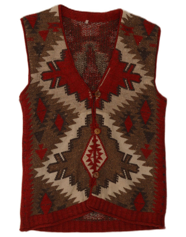 Cardigan vintage fără mâneci pentru femei UK 14 Medium Red Geometric Aztec