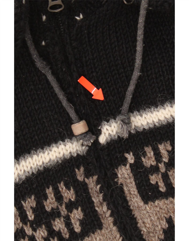 Cardigan cu glugă vintage pentru bărbați, lână Fair Isle, mare, neagră