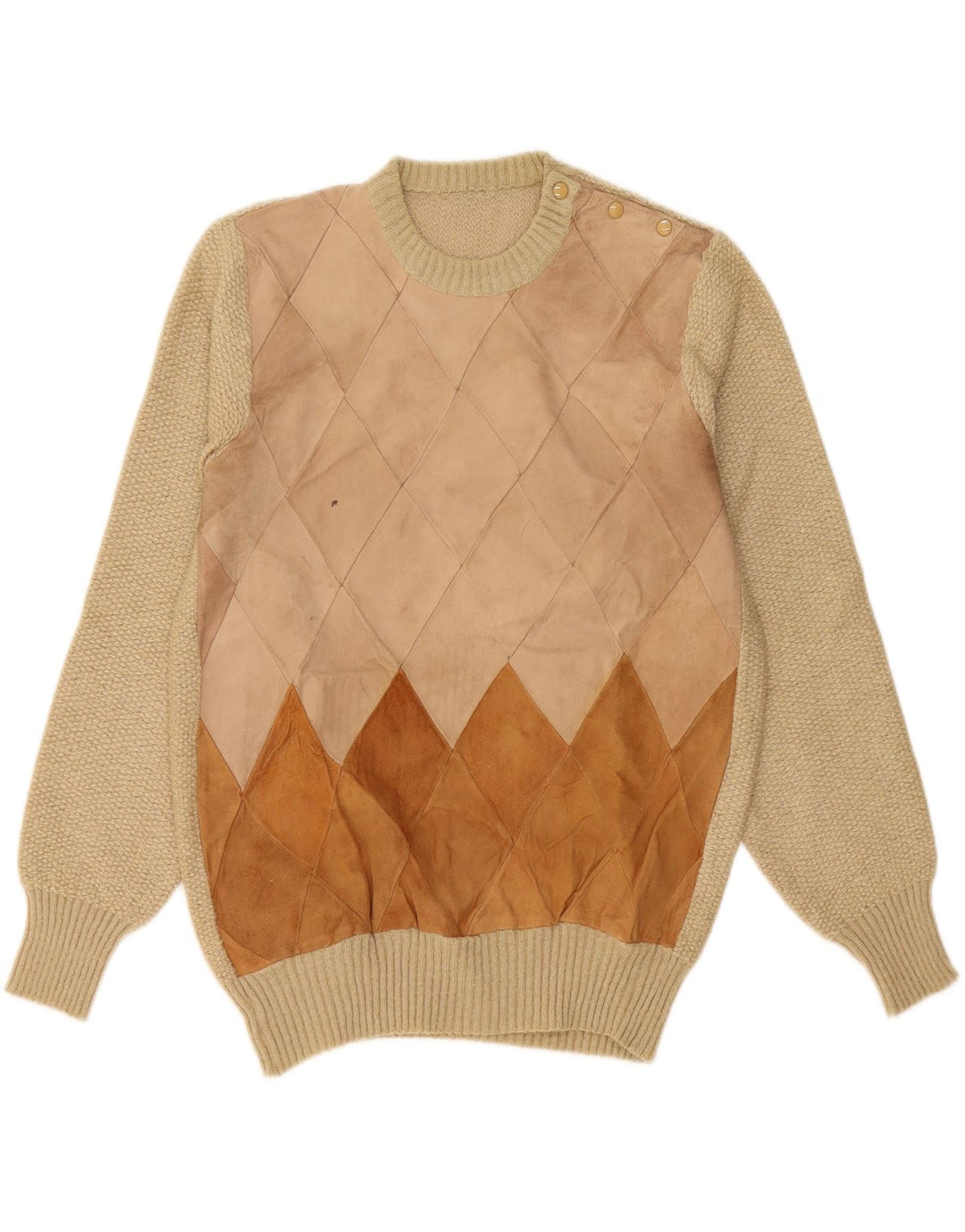 VINTAGE Mens Crew Neck Jumper Sweater Medium Beige Argyle/Diamond Vintage Vintage and Second-Hand Vintage from Messina Hembry 