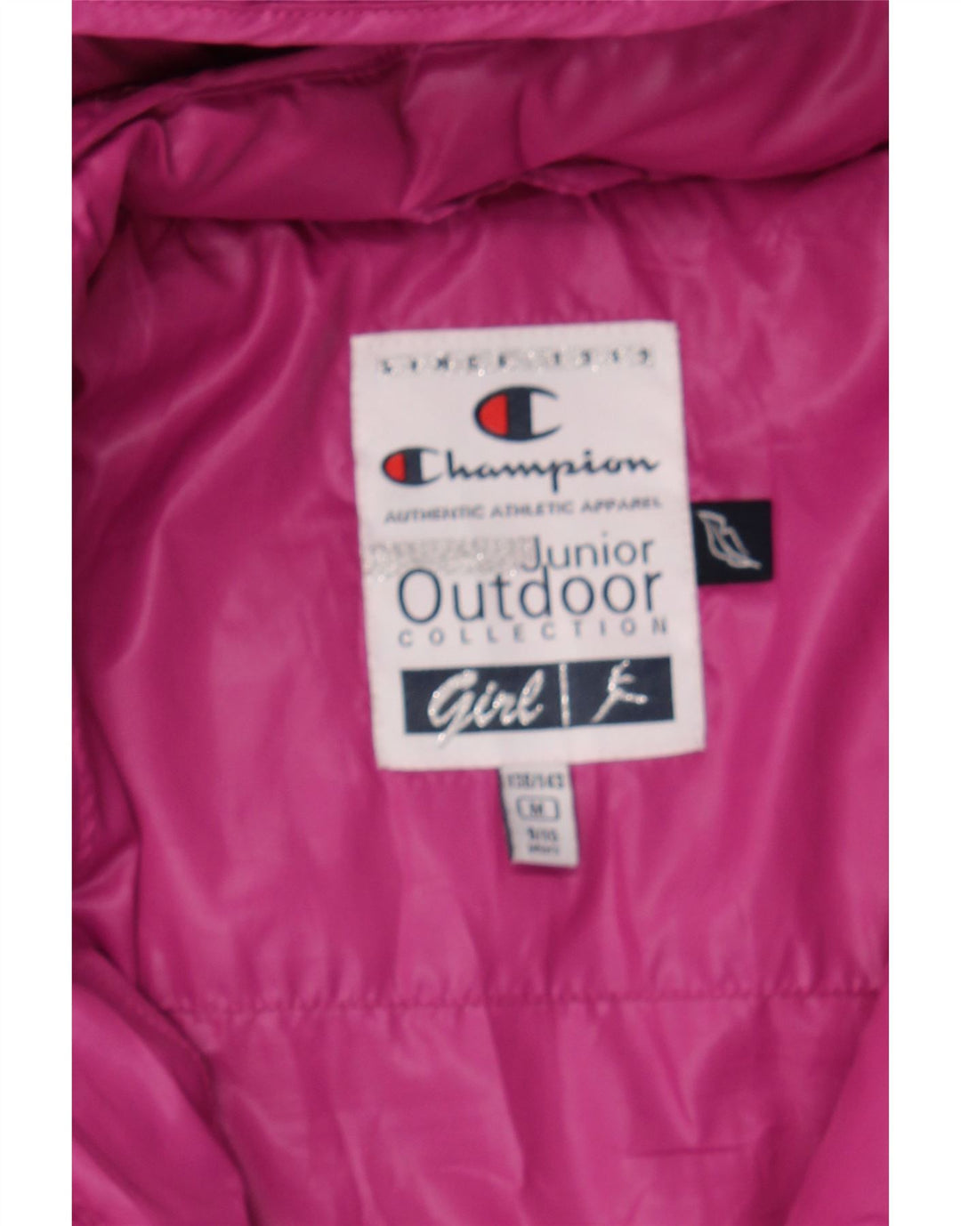 CHAMPION Girls Hooded Padded Coat 9-10 Years Medium Pink Polyester Vintage Champion and Second-Hand Champion from Messina Hembry 