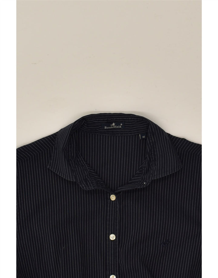BROOKSFIELD Womens Shirt IT 42 Medium Navy Blue Pinstripe Cotton | Vintage Brooksfield | Thrift | Second-Hand Brooksfield | Used Clothing | Messina Hembry 