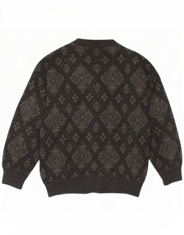 Vintage Mens Regular Fit Cardigan Pulover XL Gri Geometric Wool