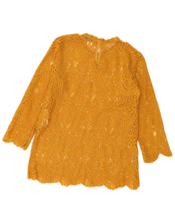 Zara Womens 3/4 Sleeve Lace Blouse Top UK 12 Medium Yellow Floral Cotton