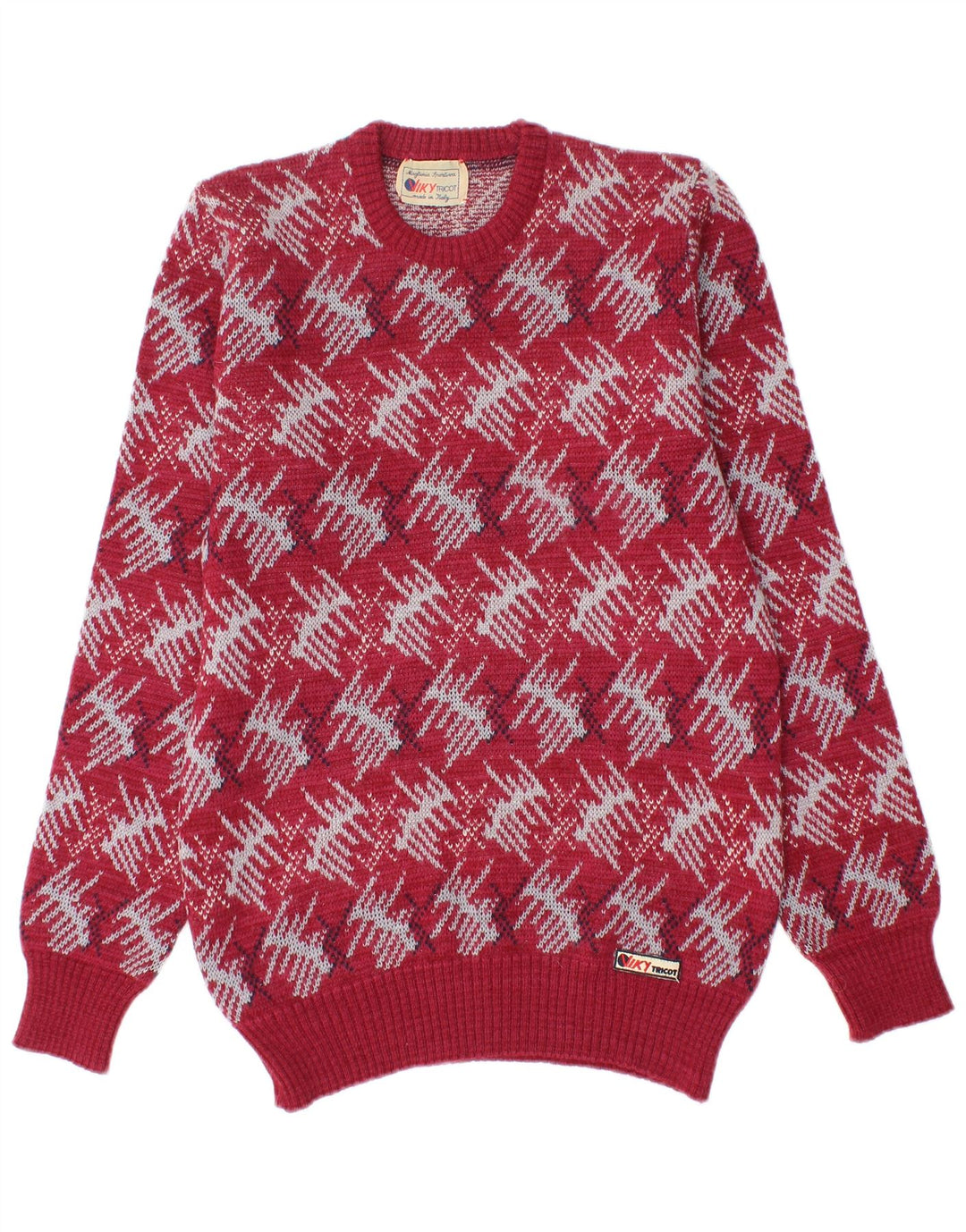 Pulover Viky Tricot pentru bărbați cu gât roșu, lână virgină geometrică mică
