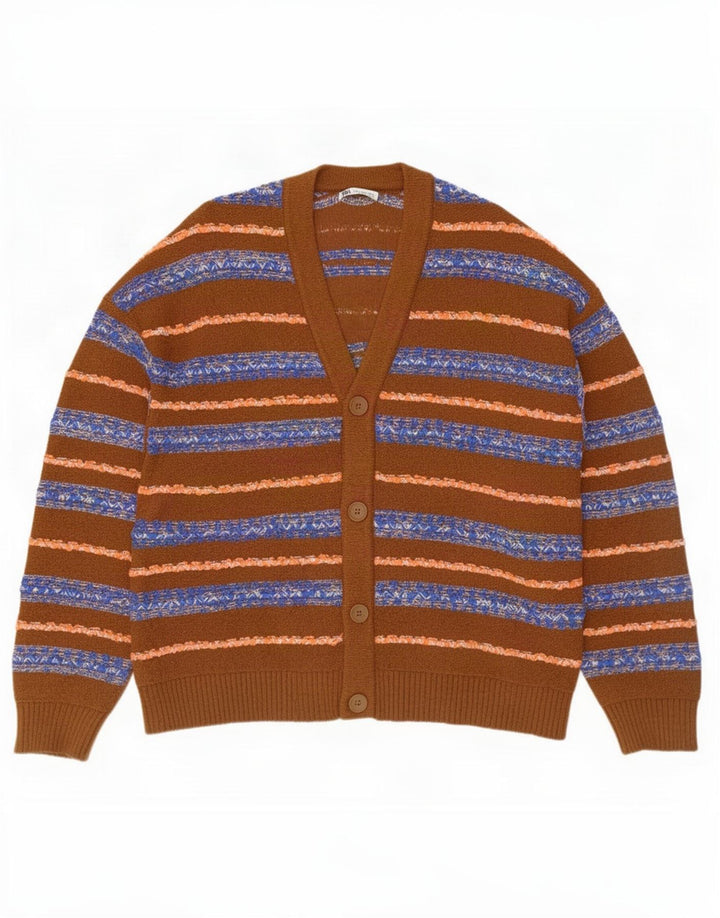 Pulover cardigan pentru bărbați Zara, bumbac cu dungi maro mediu