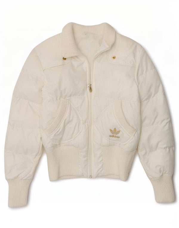 Jachetă căptușită cu grafică Adidas pentru femei UK 10 Poliester alb mic