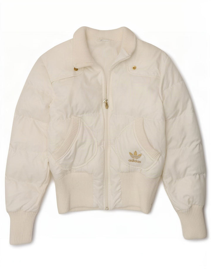 Jachetă căptușită cu grafică Adidas pentru femei UK 10 Poliester alb mic