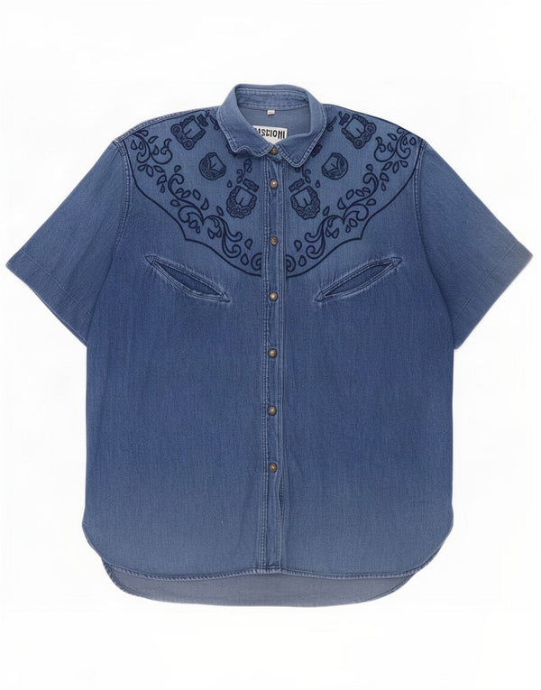 Cămașă din denim cu mânecă scurtă pentru femei Moschino UK 14 Medium Blue Paisley