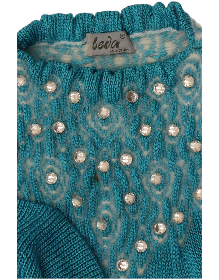 Pulover vintage pentru femei cu model abstract, cu decolteu rotund, mare, albastru UK 14