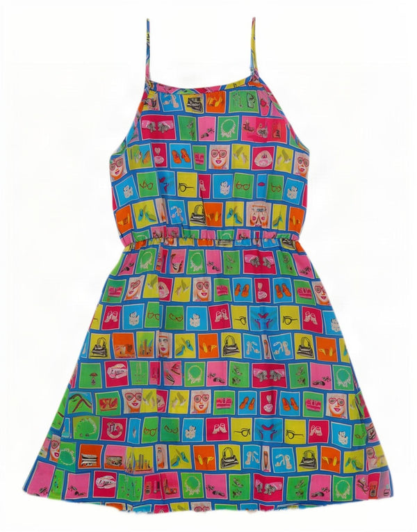 Rochie de soare vintage pentru femei cu grafică UK 14, mare, multicolor, mozaic din bumbac