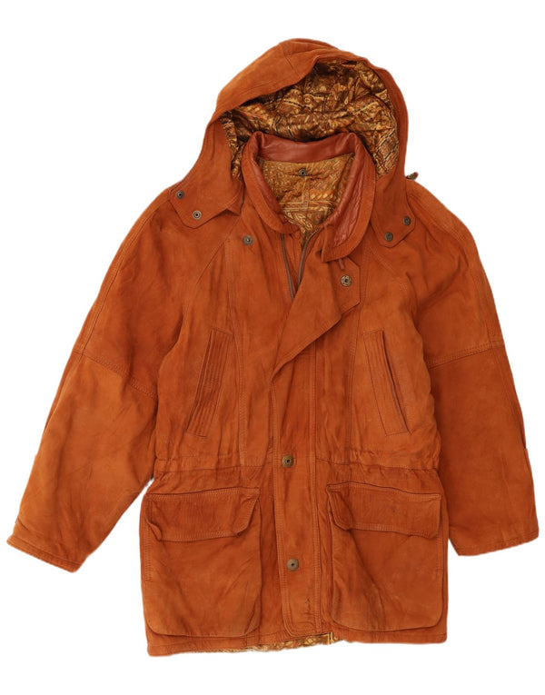 Jachetă parka din piele intoarsa cu gluga vintage pentru barbati IT 50 din piele maro mare