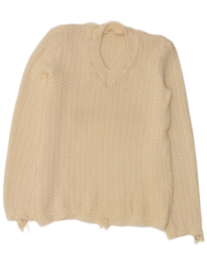 VINTAGE Pulover cu decolteu în V pentru femei UK 12 Medium Off White