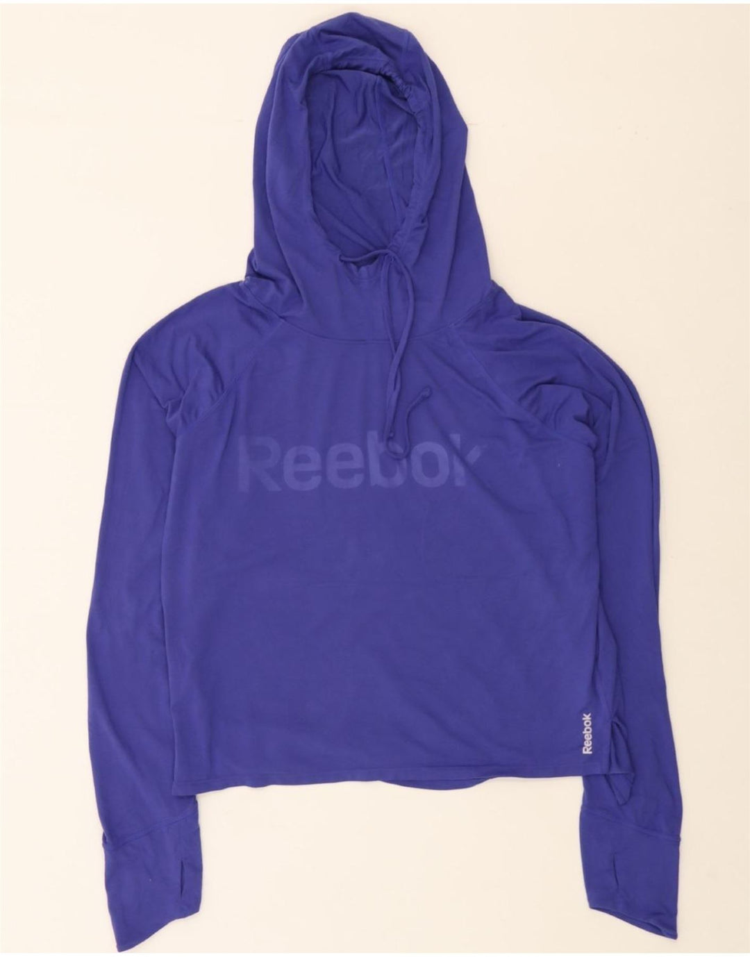 REEBOK Womens Crop Graphic Hoodie Jumper UK 14 Medium Blue Polyester Vintage Reebok and Second-Hand Reebok from Messina Hembry 