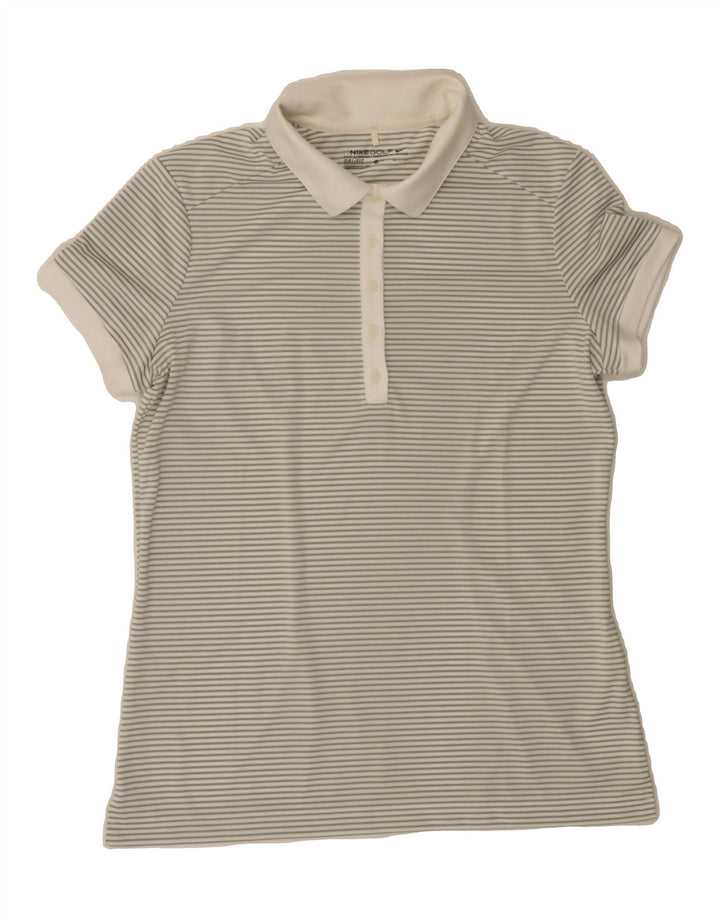 NIKE Womens Dri Fit Polo Shirt UK 12 Medium Grey Striped Polyester Vintage Nike and Second-Hand Nike from Messina Hembry 