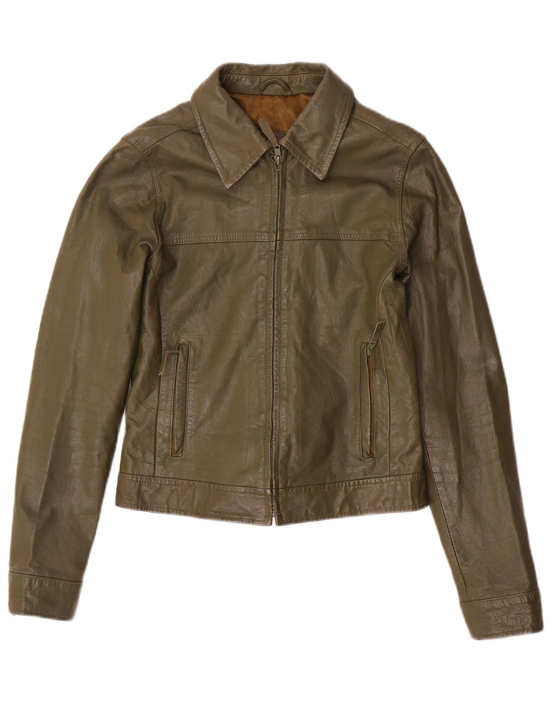 Jachetă de piele Trafaluc Crop pentru femei Zara UK 12 Medium Khaki Leather