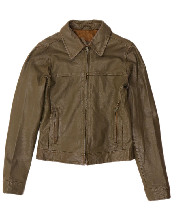 Jachetă de piele Trafaluc Crop pentru femei Zara UK 12 Medium Khaki Leather