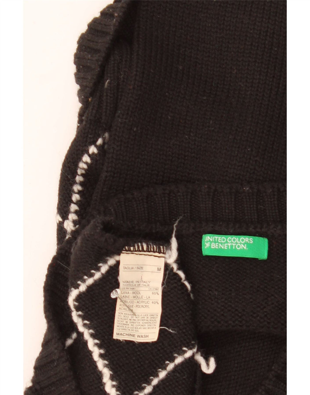 Pulover Benetton pentru femei cu decolteu în V UK 12 Medium Black Argyle/Diamond