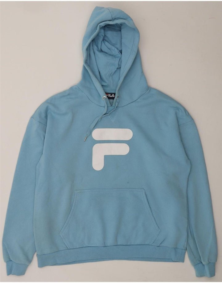 FILA Womens Graphic Hoodie Jumper UK 14 Medium Blue Polyester Vintage Fila and Second-Hand Fila from Messina Hembry 