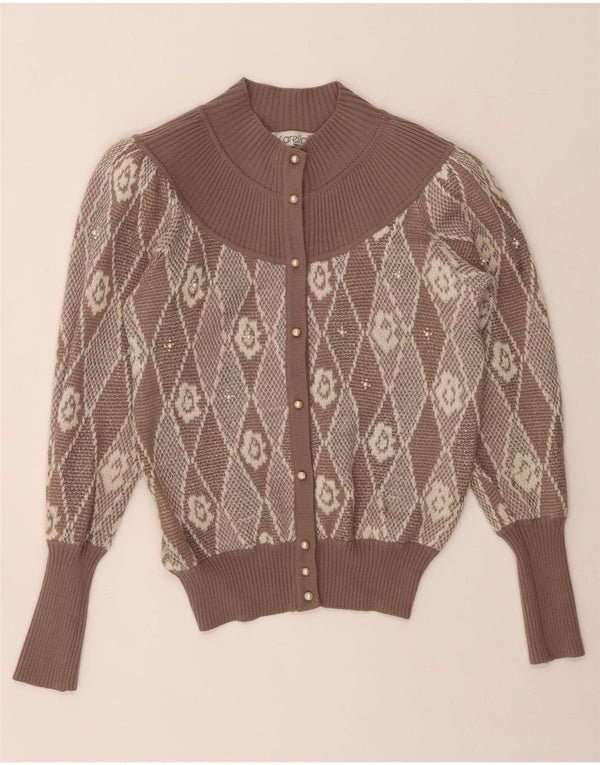 Carella Pulover Crop Cardigan pentru Femei UK 14 Medium Bej Argyle/Diamond Lână