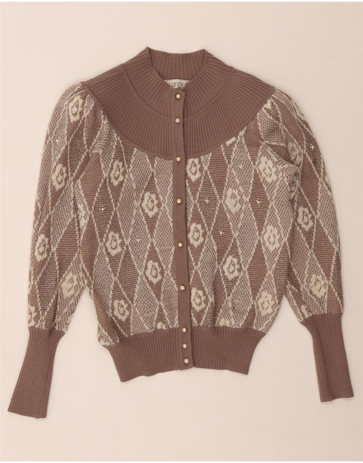 Carella Pulover Crop Cardigan pentru Femei UK 14 Medium Bej Argyle/Diamond Lână