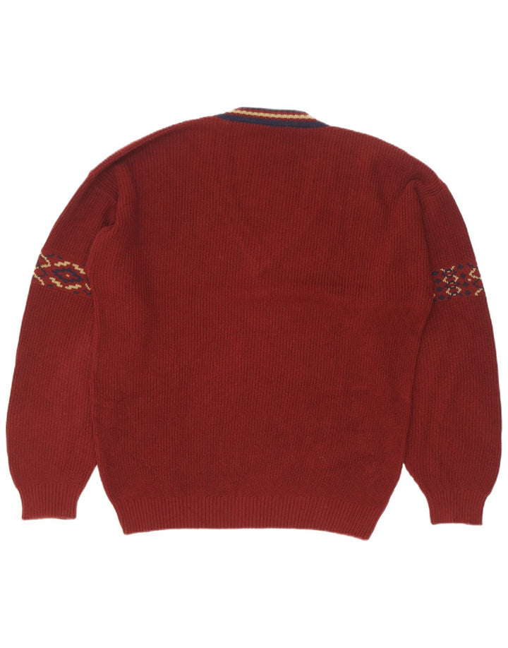 Pulover vintage pentru bărbați cu decolteu în V, mărimea 50, bumbac geometric maro mediu