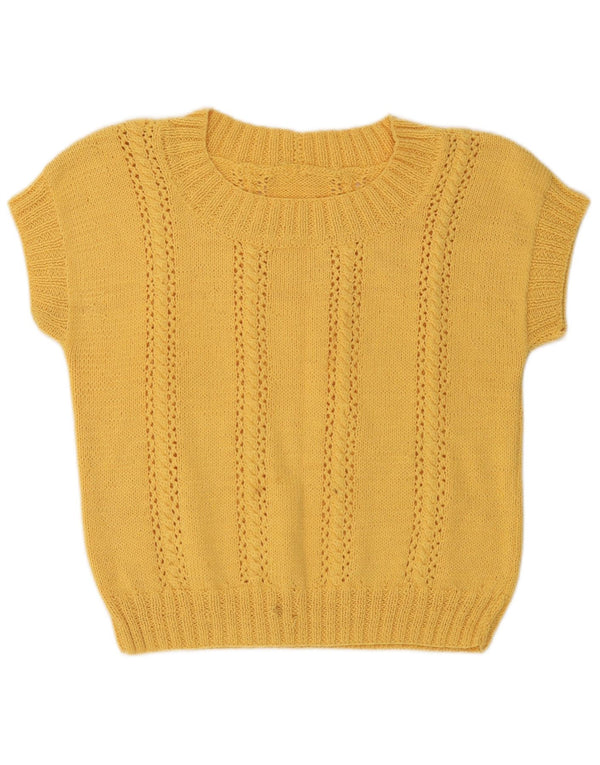Pulover vintage pentru femei cu mânecă scurtă, cu gât de barcă, UK 14, galben mediu
