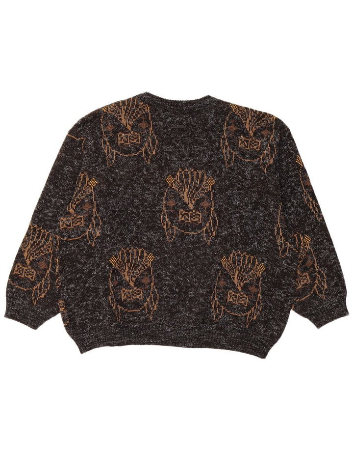 Pulover VINTAGE pentru damă, cu grafică, cu decolteu triplu, UK 18 XL, negru cu pete