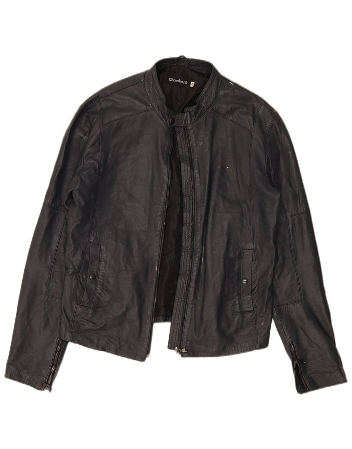 Vintage Womens Leather Racer Jacket UK 14 Medium Bleumarin Blue