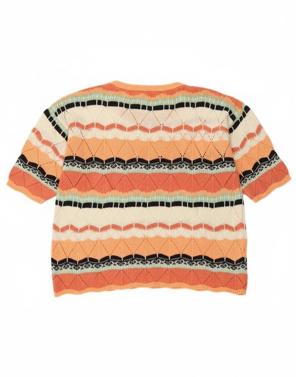 Pulover vintage pentru femei cu decolteu triplu UK 14 Medium Orange Geometric