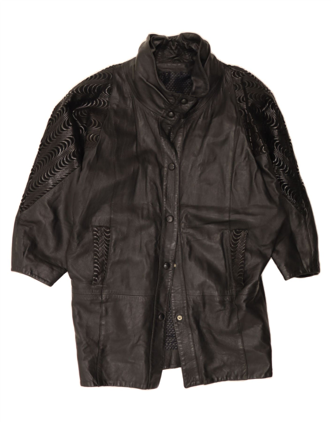 VINTAGE Womens Oversized Coat UK 12 Medium Black Chevron Leather Vintage Vintage and Second-Hand Vintage from Messina Hembry 