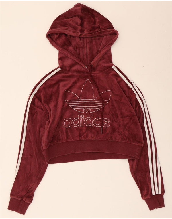 Jumper Adidas pentru femei oversized Graphic Crop Hoodie UK 4 XS Burgundy Bumbac
