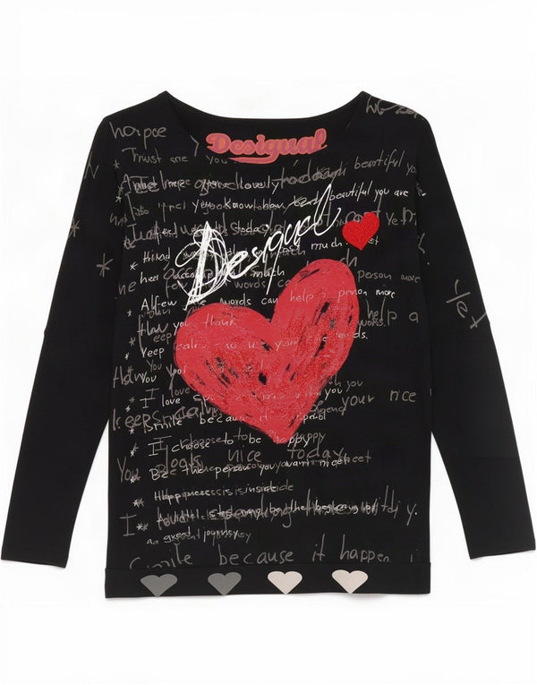Desigual Womens Oversized Graphic Top mânecă 3/4 UK 14 Medium Black Viscose