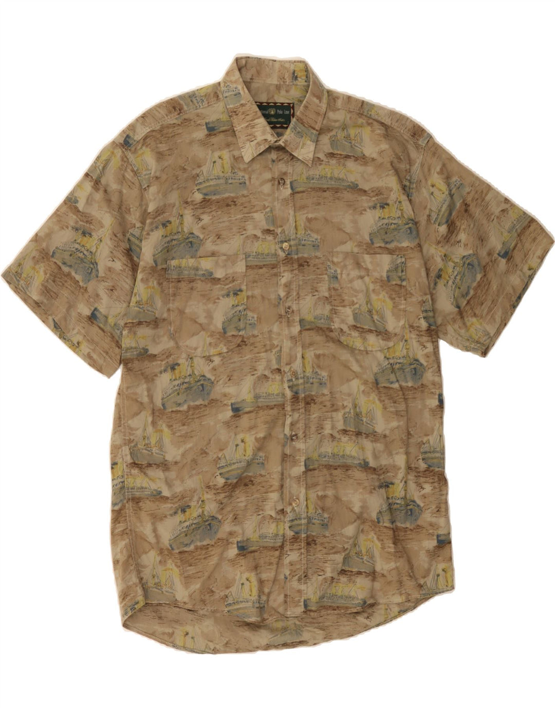 INTERNATIONAL Mens Abstract Pattern Short Sleeve Shirt Large Khaki Linen Vintage International and Second-Hand International from Messina Hembry 