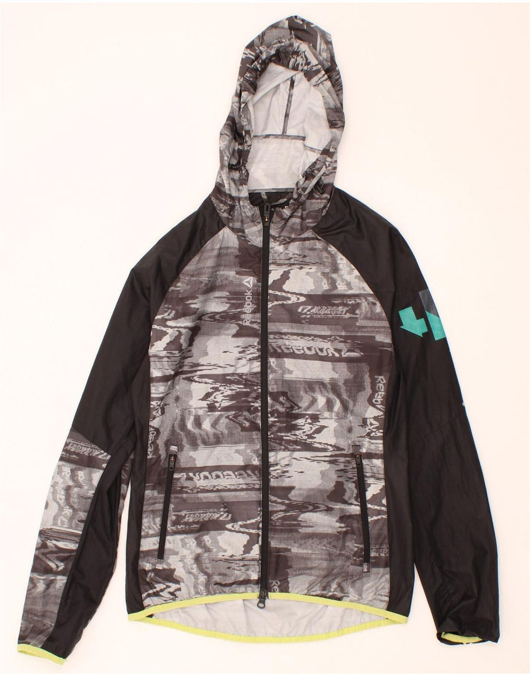 REEBOK Mens Graphic Hooded Rain Jacket UK 34 XS Grey Colourblock Polyester Vintage Reebok and Second-Hand Reebok from Messina Hembry 