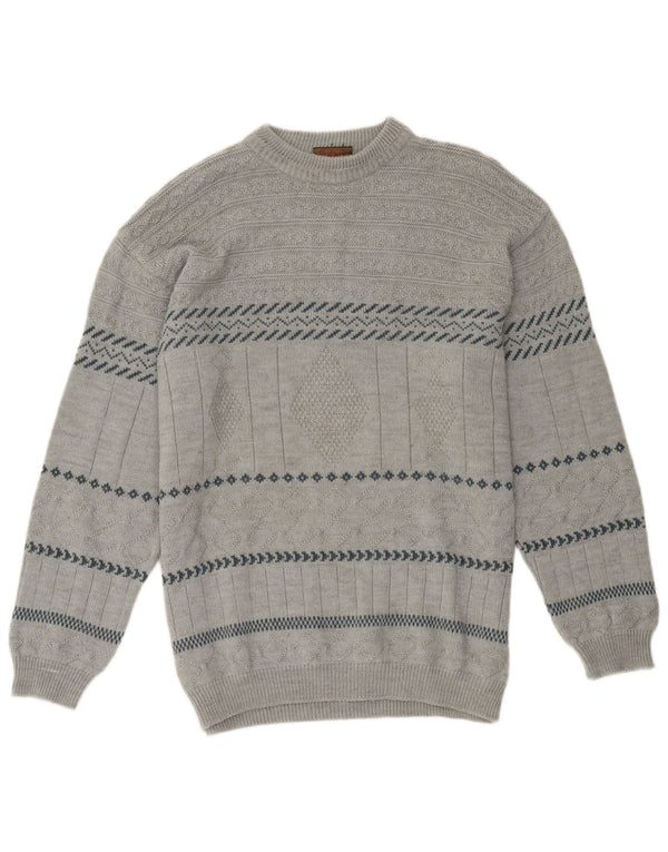 Pulover vintage pentru bărbați cu gâtul turnat mare, gri geometric, acrilic