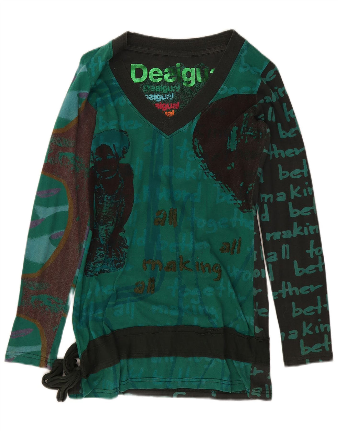 Desigual Womens Abstract Pattern Tunic Top UK 14 Medium Green Bumbac