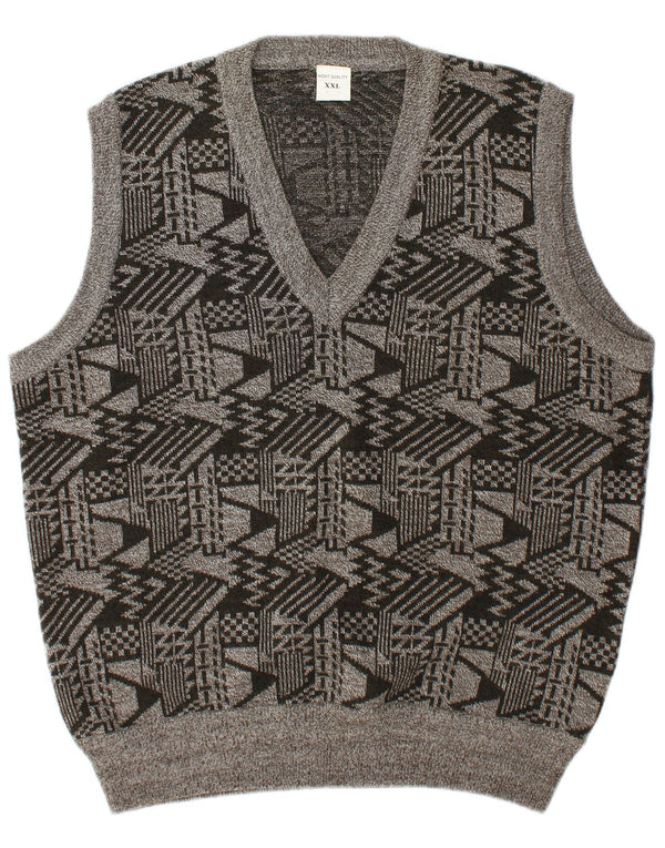 Vintage Mens Vest Tank Top 2XL Gri Geometric Lână