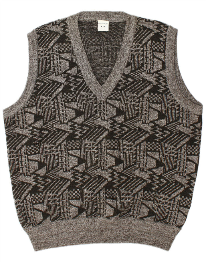 Vintage Mens Vest Tank Top 2XL Gri Geometric Lână