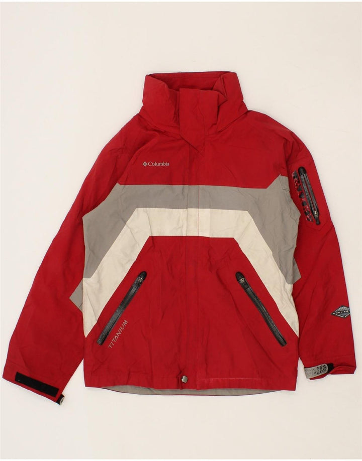 COLUMBIA Boys Titanium Rain Jacket 14-15 Years Red Colourblock Nylon Vintage Columbia and Second-Hand Columbia from Messina Hembry 