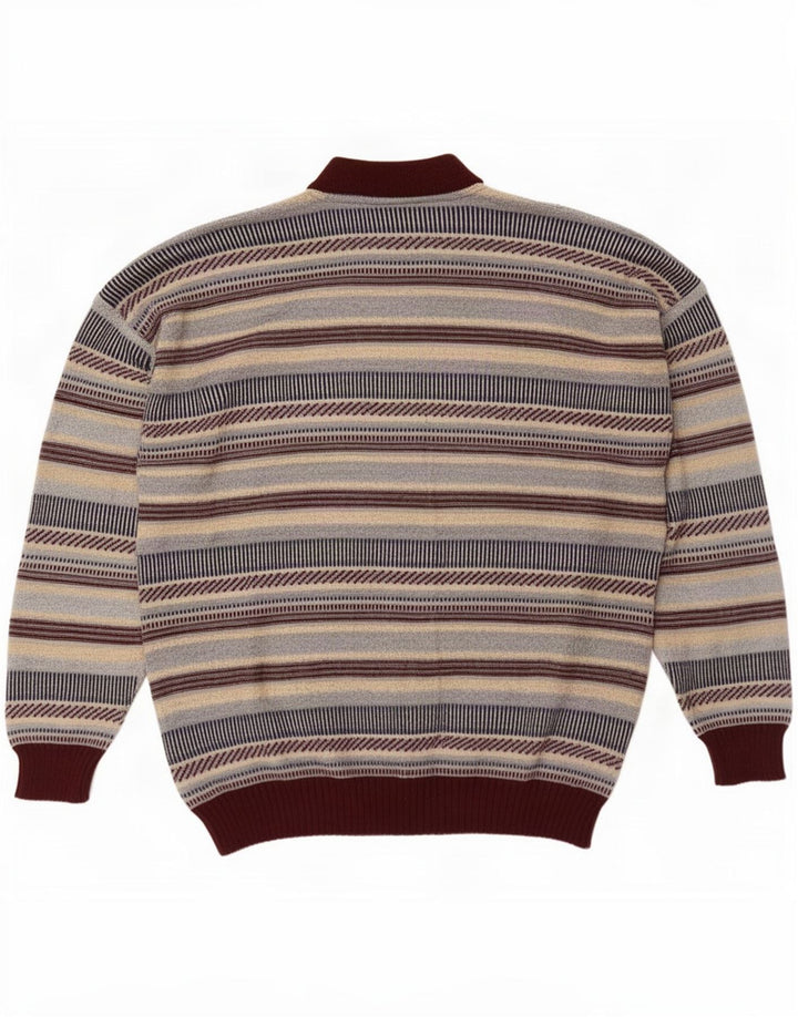 Vintage Pulover pentru bărbați cu gât roșu, cu dungi mari, multicolore
