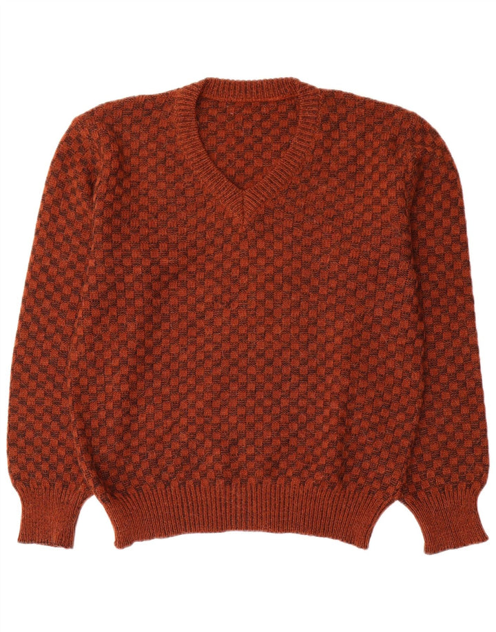 Pulover vintage pentru bărbați cu decolteu în V, mic, maro, geometric