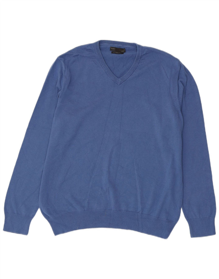 Pulover pentru bărbați Marks & Spencer, cu decolteu în V, XL, bumbac, clasic, albastru