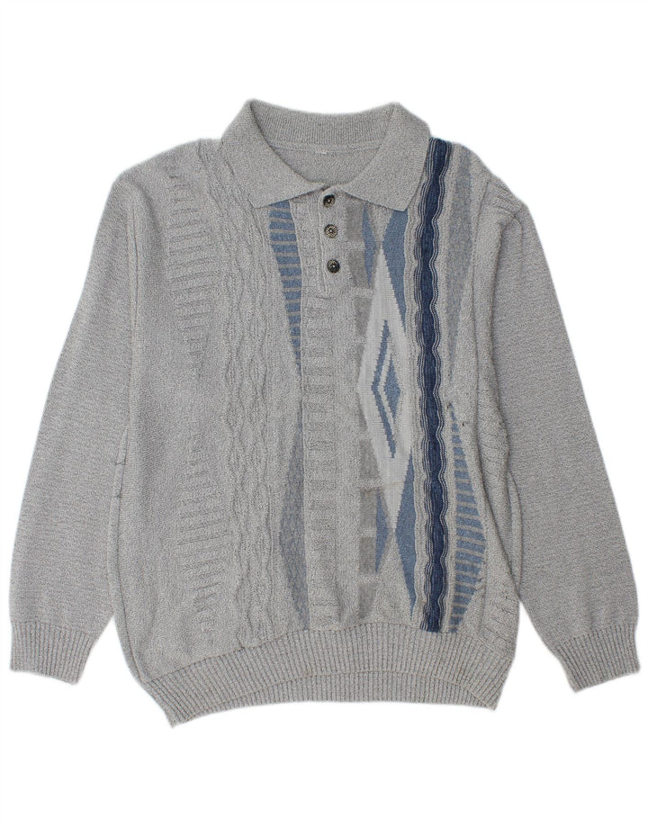 Pulover vintage cu gât polo pentru bărbați, gri mediu geometric