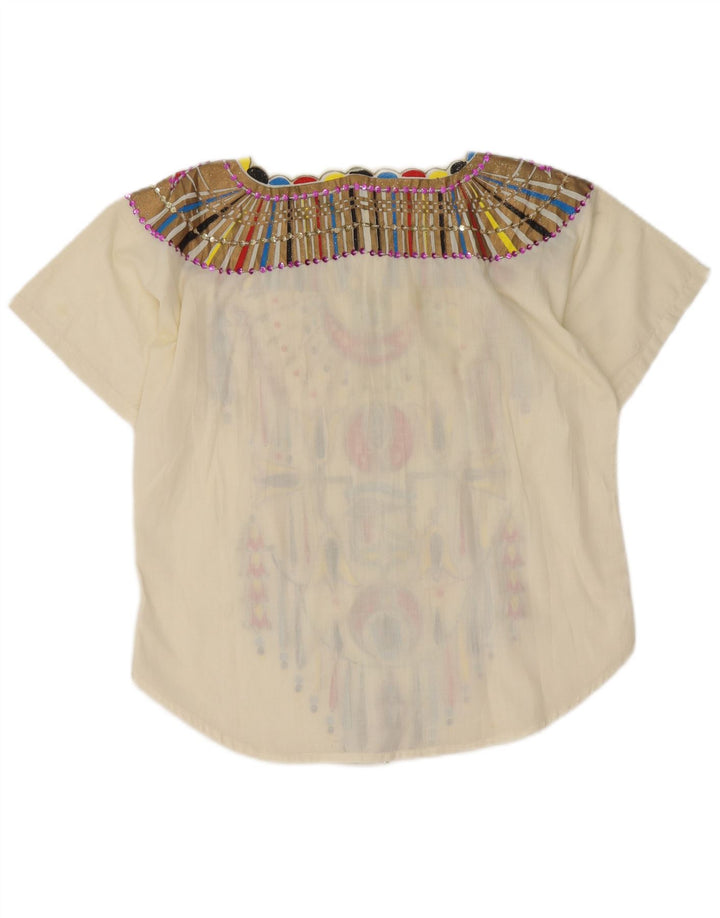 Bluză vintage cu model abstract pentru femei UK 14 Medium White Ethnic