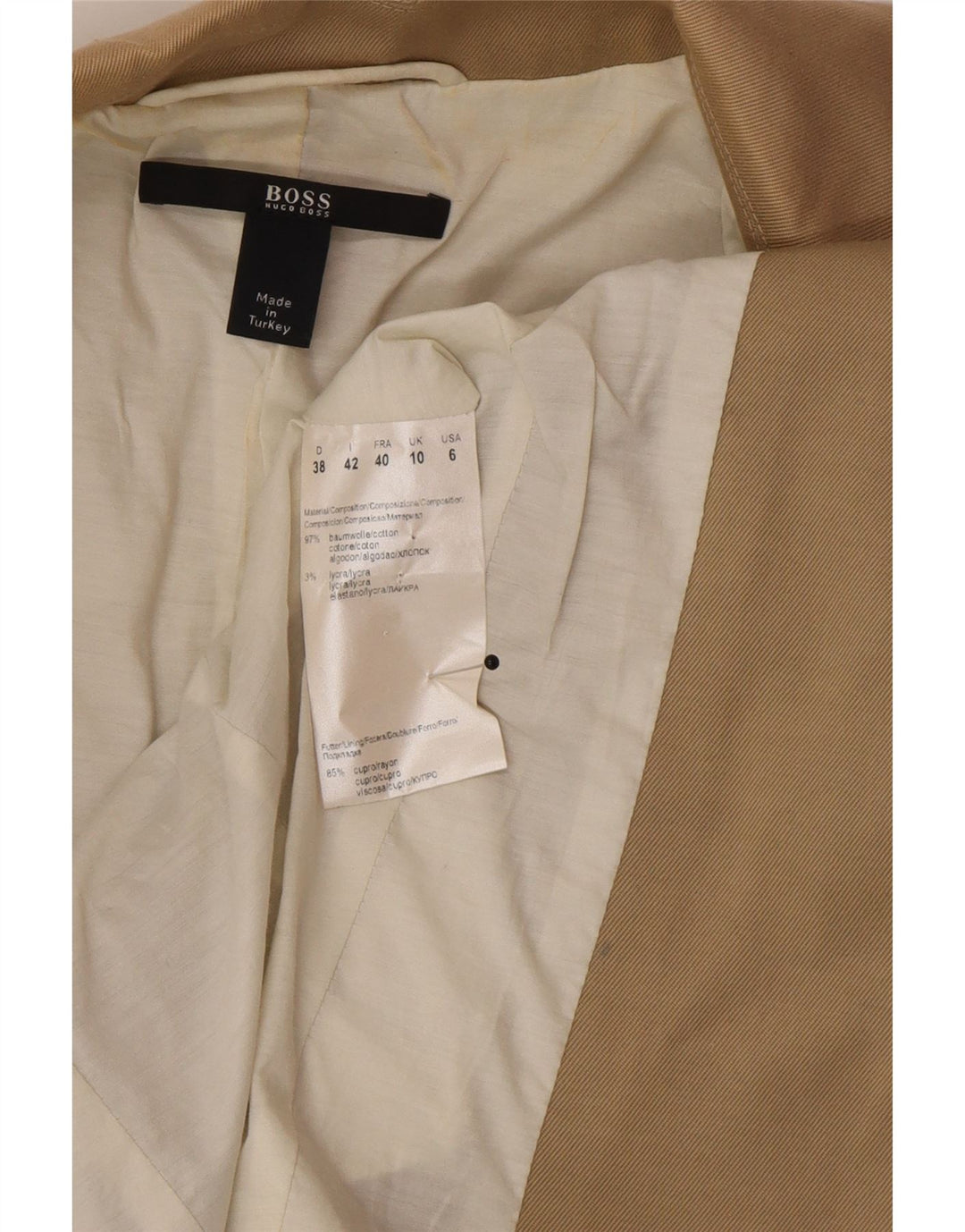 Blazer pentru femei Hugo Boss, cu 3 nasturi, UK 10, mic, bej, bumbac, clasic