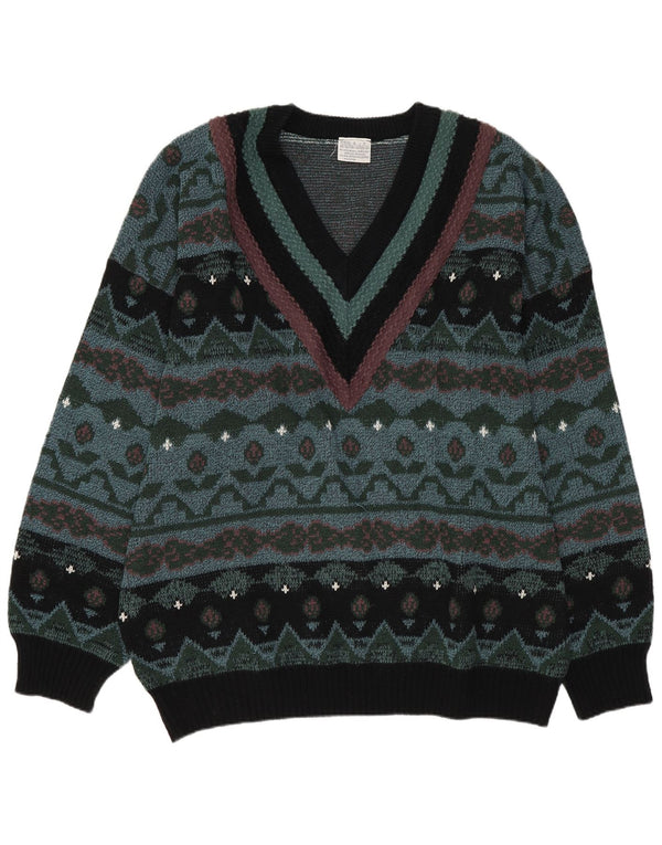 Pulover Vintage pentru bărbați cu decolteu în V IT 60/62 3XL Verde Geometric Retro