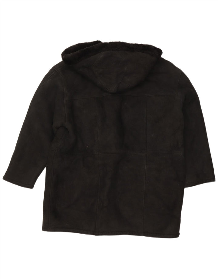 Palton din shearling supradimensionat cu glugă vintage pentru femei UK 16 mare negru