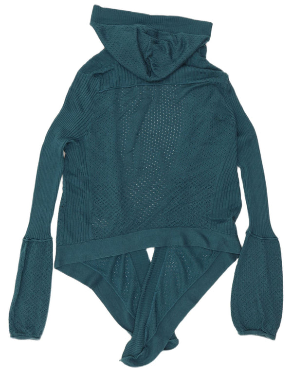 Dkny Womens Crop Hooded Open Cardigan Sweater UK 14 Medium Blue Cotton