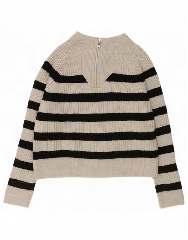 Pulover pentru femei Zara, cu fermoar, cu gât, UK 14, mediu, alb, cu dungi acrilice